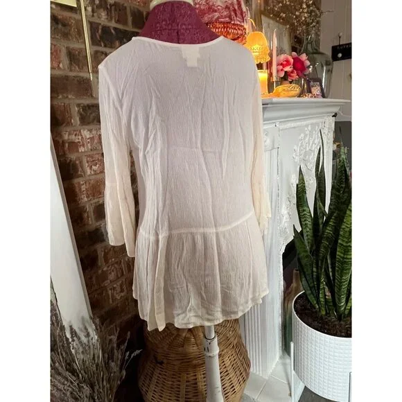 Boho Cream Mossimo Peasant Top With Lace Detail & Tie Neckline - XL - Picture 2 of 7
